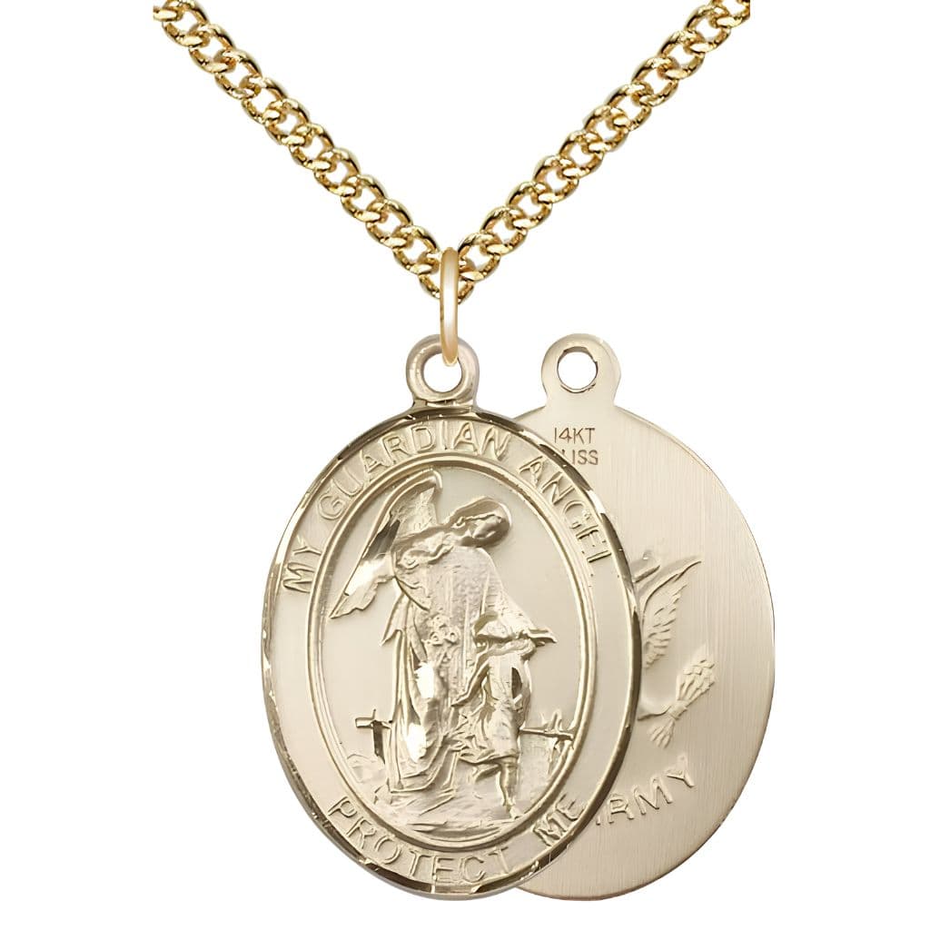 Bliss Army Guardian Angel 14kt Gold Oval Medal Pendant with 14kt Gold Chain, Measures 1-inch tall by 3/4-inch wide. Deluxe Gift Box.