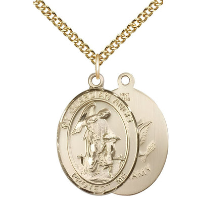 Army Guardian Angel 14kt Gold Oval Medal Pendant with 14kt Gold Chain, Measures 1-inch tall by 3/4-inch wide. Deluxe Gift Box, Bliss Manufacturing