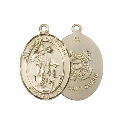 Coast Guard Guardian Angel 14kt Gold Oval Medal Pendant, Measures 1-inch tall by 3/4-inch wide. Deluxe Gift Box, Bliss Manufacturing