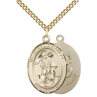 Coast Guard Guardian Angel 14kt Gold Oval Medal Pendant with 14kt Gold Chain, Measures 1-inch tall by 3/4-inch wide. Deluxe Gift Box, Bliss Manufacturing