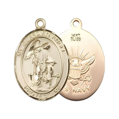 Navy Guardian Angel 14kt Gold Oval Medal Pendant, Measures 1-inch tall by 3/4-inch wide. Deluxe Gift Box, Bliss Manufacturing
