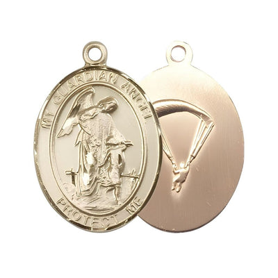 Paratrooper Guardian Angel 14kt Gold Oval Medal Pendant, Measures 1-inch tall by 3/4-inch wide. Deluxe Gift Box, Bliss Manufacturing