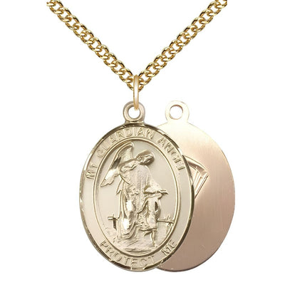 Paratrooper Guardian Angel 14kt Gold Oval Medal Pendant with 14kt Gold Chain, Measures 1-inch tall by 3/4-inch wide. Deluxe Gift Box, Bliss Manufacturing