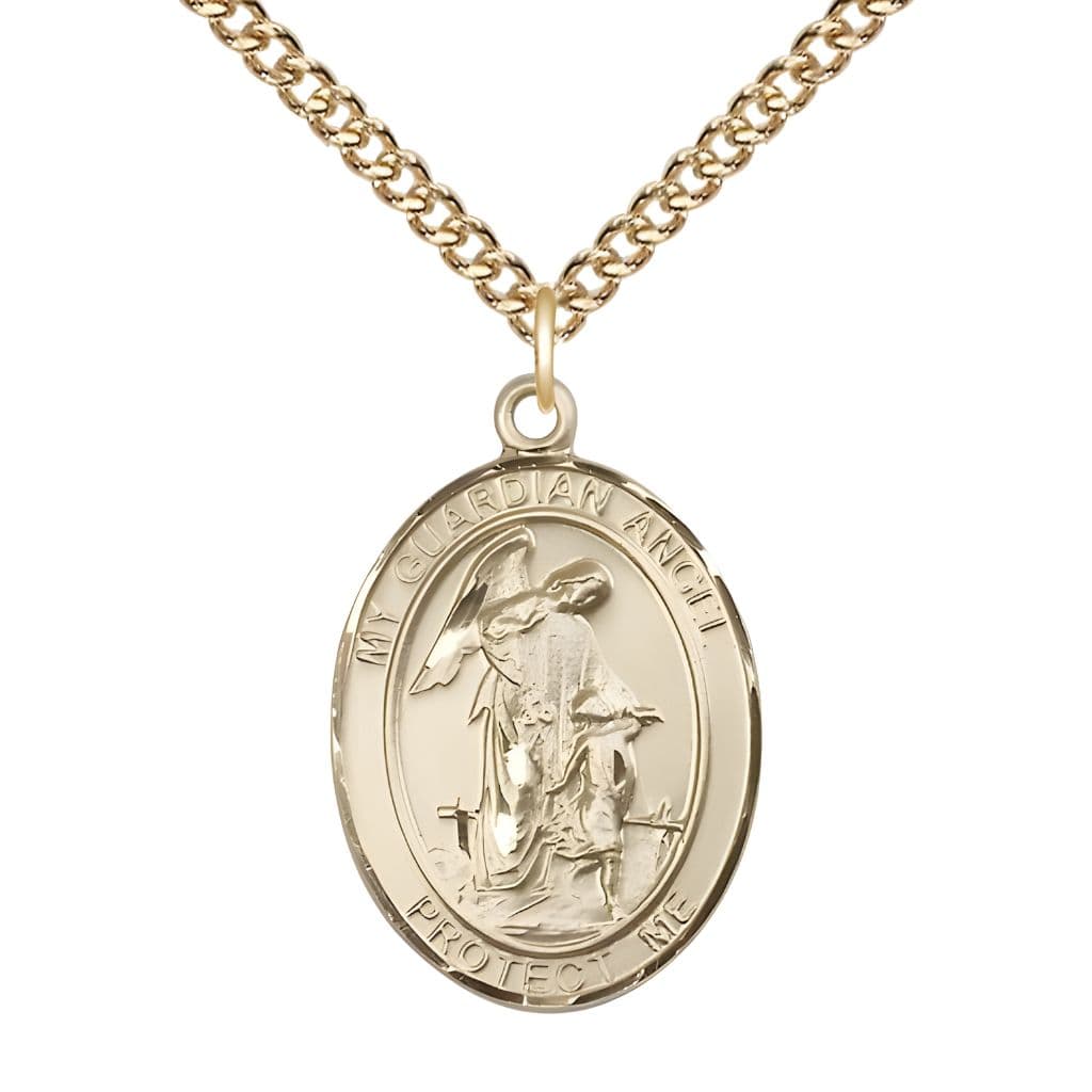 Bliss Guardian Angel with Child 14kt Gold Oval Medal Pendant with 14kt Gold Chain, Measures 1-inch tall by 3/4-inch wide. Deluxe Gift Box.