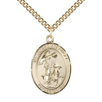 Guardian Angel with Child 14kt Gold Oval Medal Pendant with 14kt Gold Chain, Measures 1-inch tall by 3/4-inch wide. Deluxe Gift Box, Bliss Manufacturing