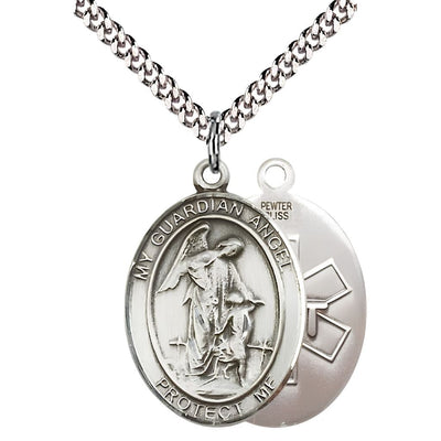 EMT Guardian Angel Pewter Oval Medal Pendant with Rhodium-plated Chain, Measures 1-inch tall by 3/4-inch wide. Deluxe Gift Box, Bliss Manufacturing