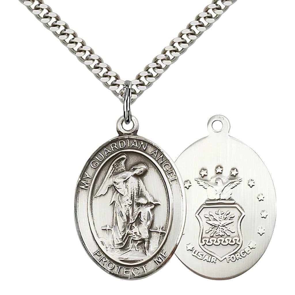 Bliss Air Force Guardian Angel Pewter Oval Medal Pendant with Rhodium-plated Chain, Measures 1-inch tall by 3/4-inch wide. Deluxe Gift Box.
