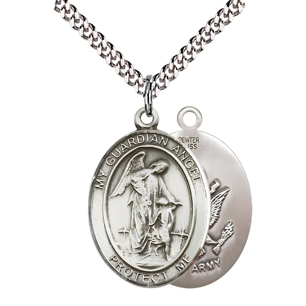 Bliss Army Guardian Angel Pewter Oval Medal Pendant with Rhodium-plated Chain, Measures 1-inch tall by 3/4-inch wide. Deluxe Gift Box.