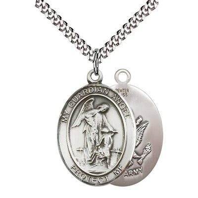 Army Guardian Angel Pewter Oval Medal Pendant with Rhodium-plated Chain, Measures 1-inch tall by 3/4-inch wide. Deluxe Gift Box, Bliss Manufacturing
