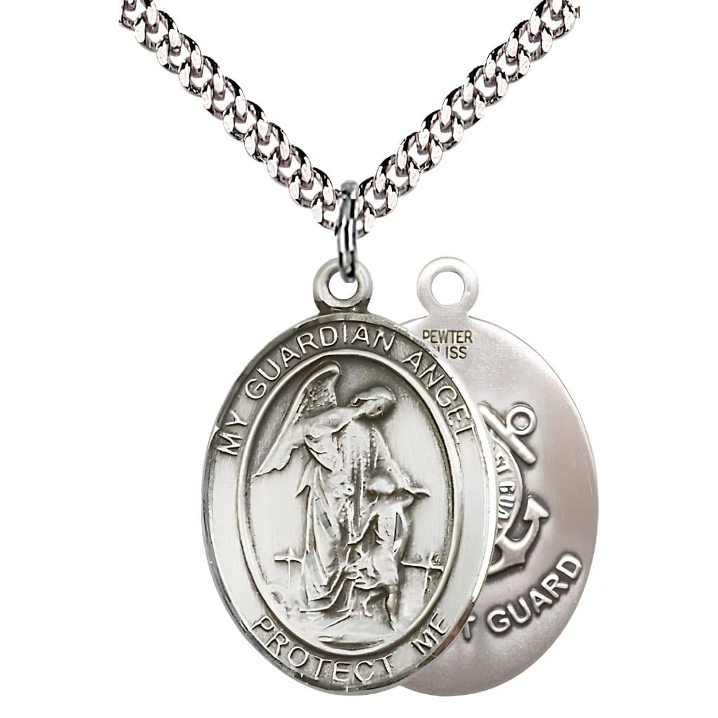 Bliss Coast Guard Guardian Angel Pewter Oval Medal Pendant with Rhodium-plated Chain, Measures 1-inch tall by 3/4-inch wide. Deluxe Gift Box.