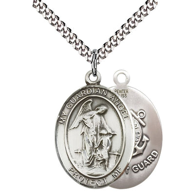 Coast Guard Guardian Angel Pewter Oval Medal Pendant with Rhodium-plated Chain, Measures 1-inch tall by 3/4-inch wide. Deluxe Gift Box, Bliss Manufacturing