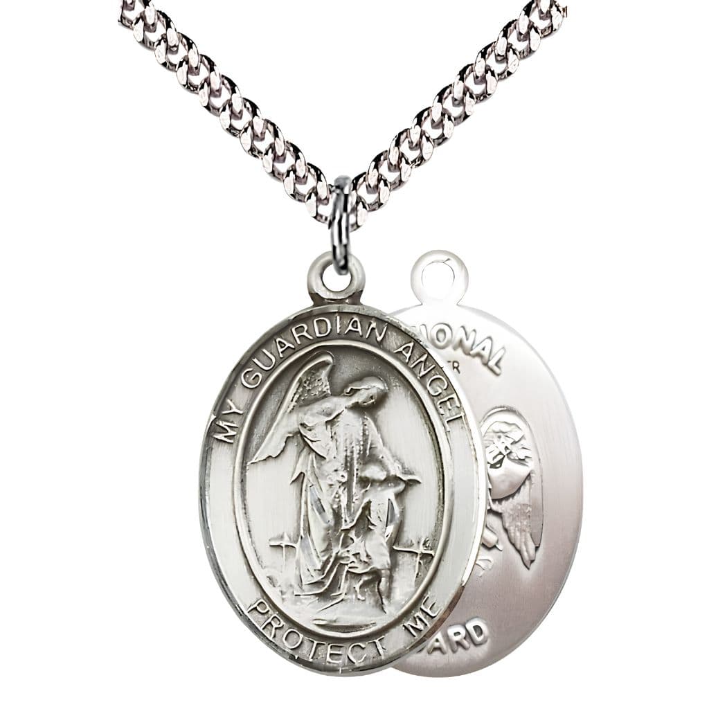 Bliss National Guard Guardian Angel Pewter Oval Medal Pendant with Rhodium-plated Chain, Measures 1-inch tall by 3/4-inch wide. Deluxe Gift Box.