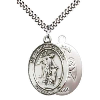 National Guard Guardian Angel Pewter Oval Medal Pendant with Rhodium-plated Chain, Measures 1-inch tall by 3/4-inch wide. Deluxe Gift Box, Bliss Manufacturing