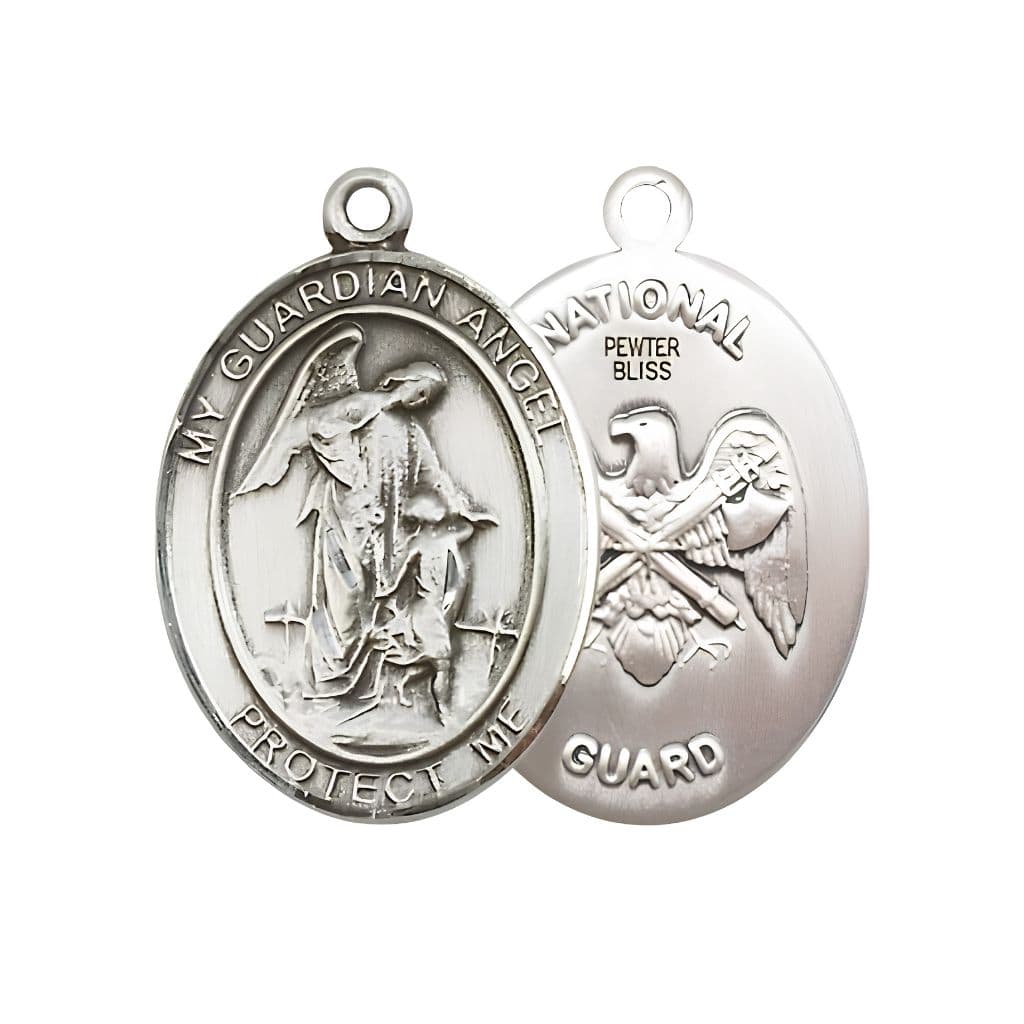 Bliss National Guard Guardian Angel Pewter Oval Medal Pendant, Measures 3/4-inch tall by 1/2-inch wide.