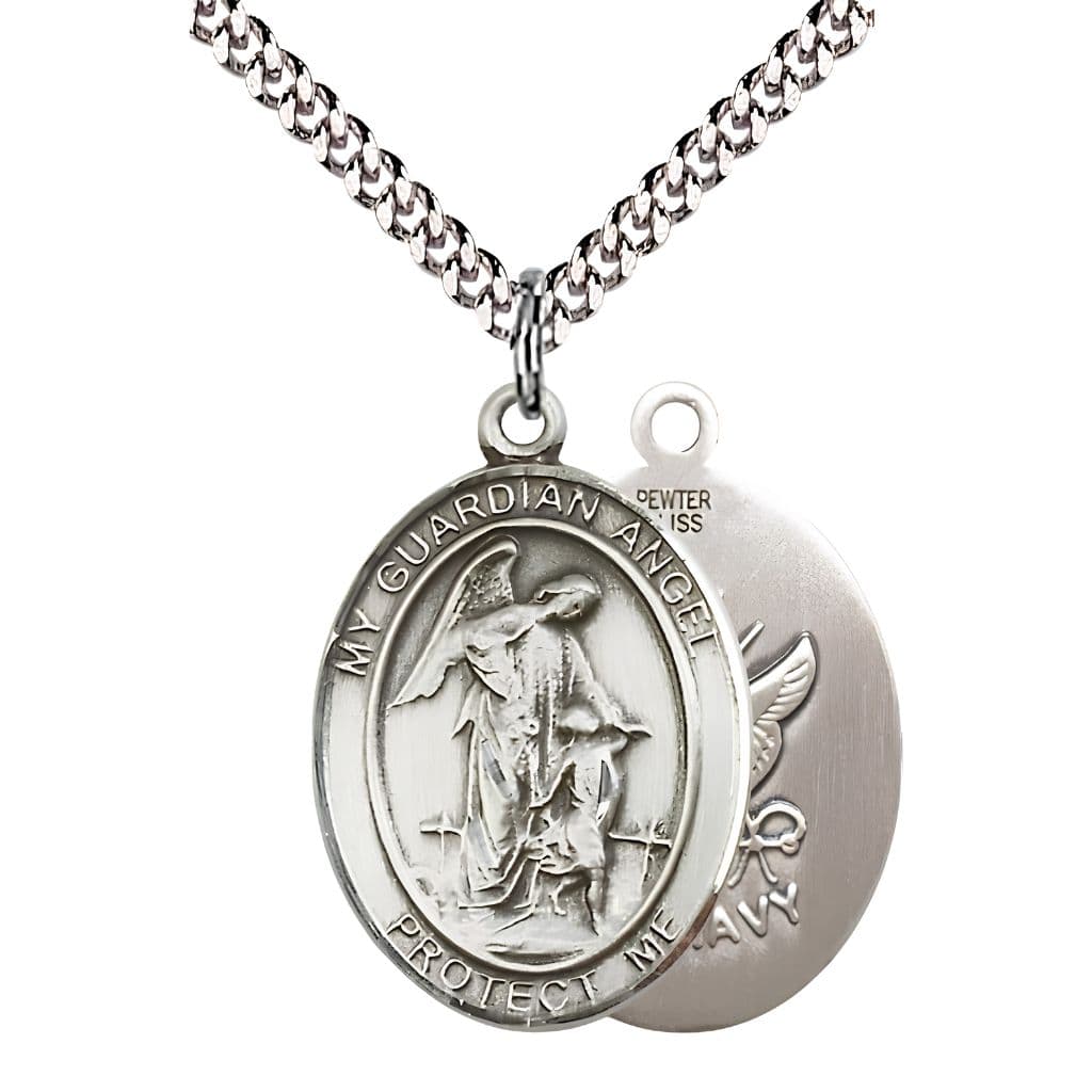 Bliss Navy Guardian Angel Pewter Oval Medal Pendant with Rhodium-plated Chain, Measures 1-inch tall by 3/4-inch wide. Deluxe Gift Box.