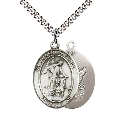 Navy Guardian Angel Pewter Oval Medal Pendant with Rhodium-plated Chain, Measures 1-inch tall by 3/4-inch wide. Deluxe Gift Box, Bliss Manufacturing