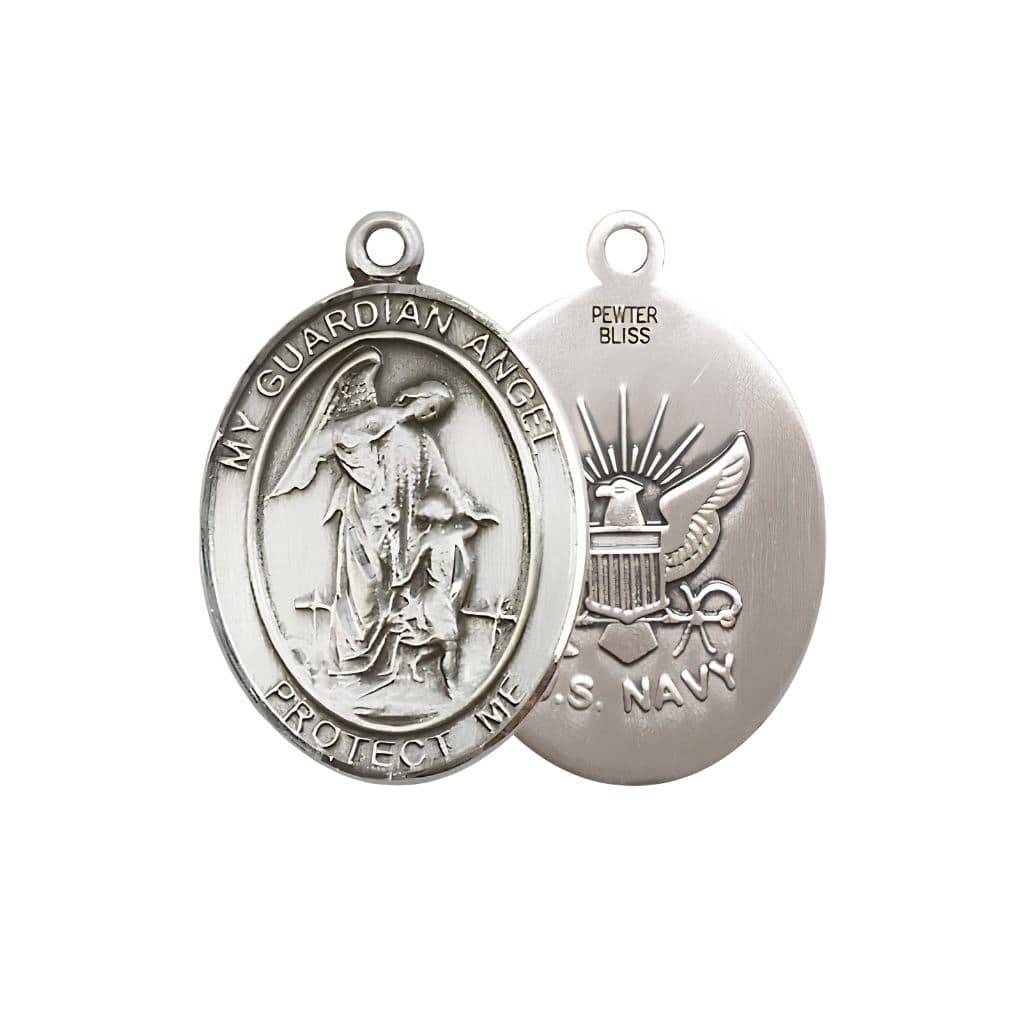 Bliss Navy Guardian Angel Pewter Oval Medal Pendant, Measures 3/4-inch tall by 1/2-inch wide.