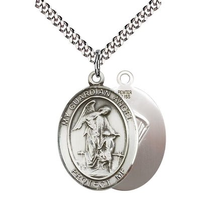 Paratrooper Guardian Angel Pewter Oval Medal Pendant with Rhodium-plated Chain, Measures 1-inch tall by 3/4-inch wide. Deluxe Gift Box, Bliss Manufacturing