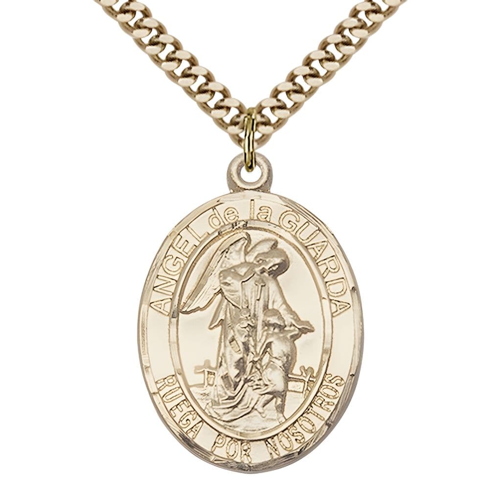 Spanish Angel de la Guarda 14kt Gold-filled Oval Medal Pendant with Gold-plated Chain, Measures 1-inch tall by 3/4-inch wide. Deluxe Gift Box, Bliss Manufacturing