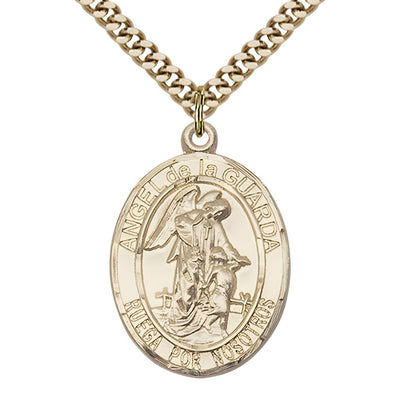 Spanish Angel de la Guarda 14kt Gold-filled Oval Medal Pendant with Gold-plated Chain, Measures 1-inch tall by 3/4-inch wide. Deluxe Gift Box, Bliss Manufacturing