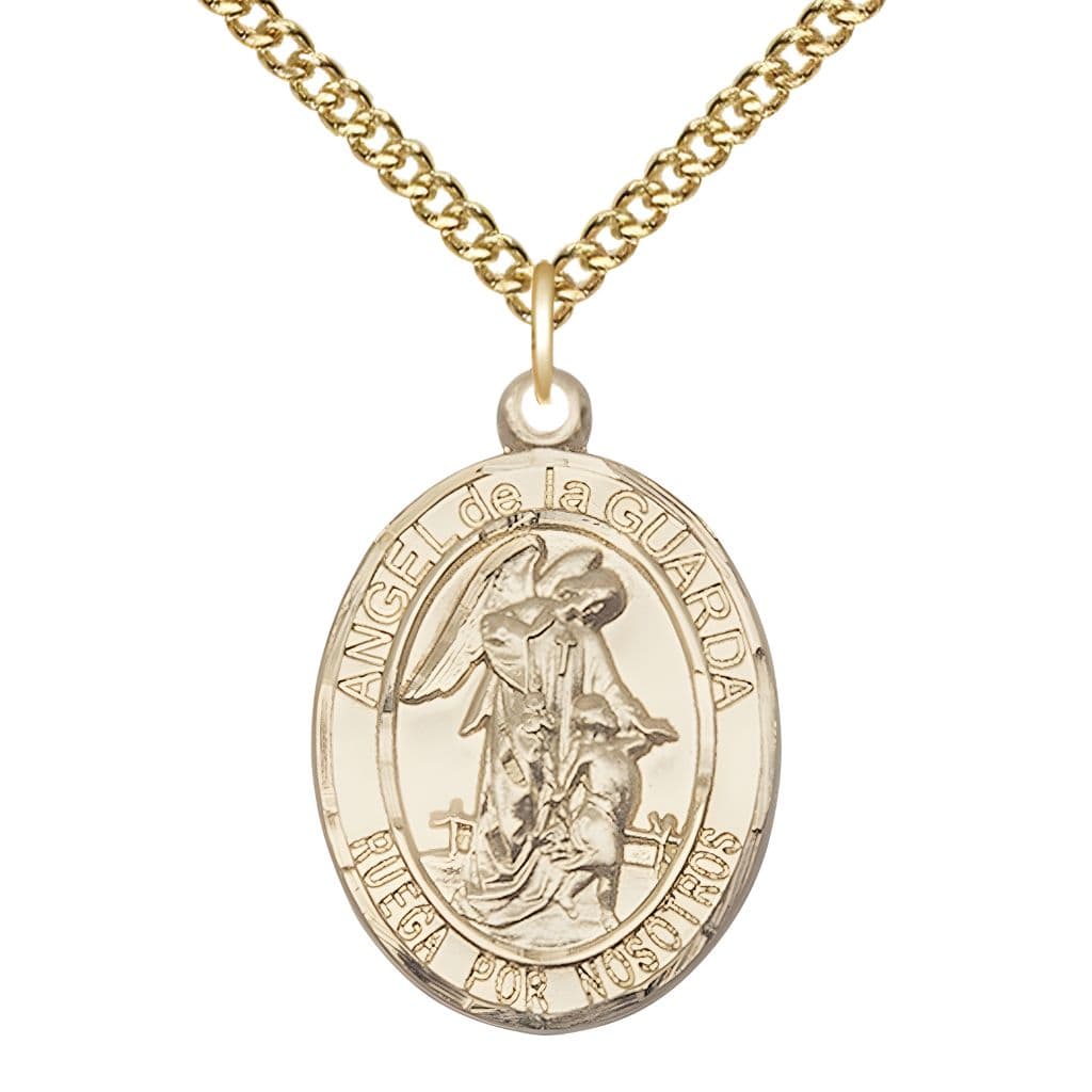 Spanish Angel de la Guarda 14kt Gold-filled Oval Medal Pendant with Gold-filled Chain, Measures 1-inch tall by 3/4-inch wide. Deluxe Gift Box, Bliss Manufacturing
