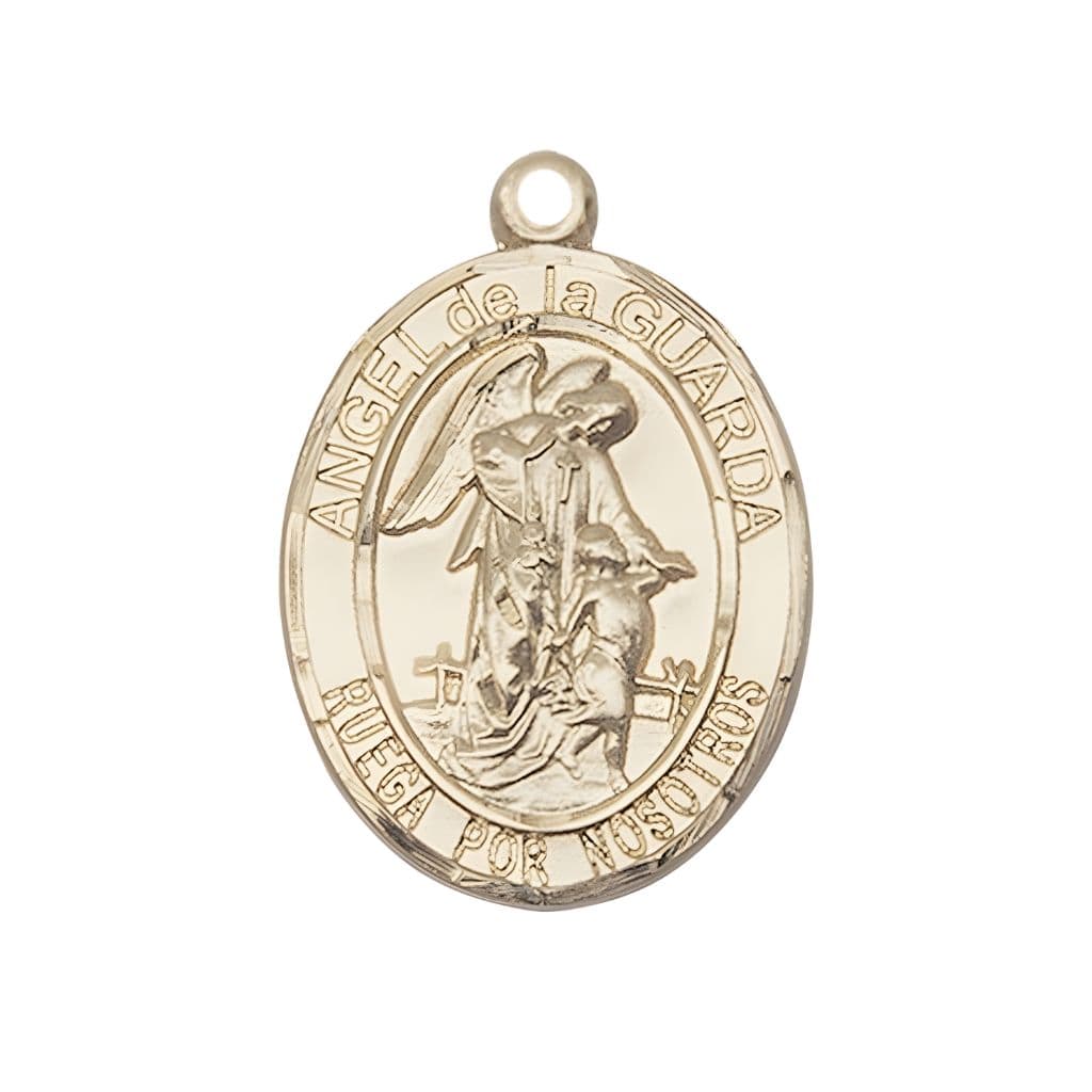 Spanish Angel de la Guarda 14kt Gold Oval Medal Pendant, Measures 1-inch tall by 3/4-inch wide. Deluxe Gift Box, Bliss Manufacturing