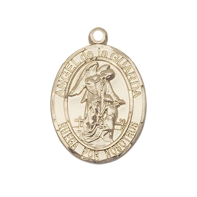 Spanish Angel de la Guarda 14kt Gold Oval Medal Pendant, Measures 1-inch tall by 3/4-inch wide. Deluxe Gift Box, Bliss Manufacturing