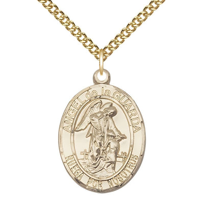 Spanish Angel de la Guarda 14kt Gold Oval Medal Pendant with 14kt Gold Chain, Measures 1-inch tall by 3/4-inch wide. Deluxe Gift Box, Bliss Manufacturing