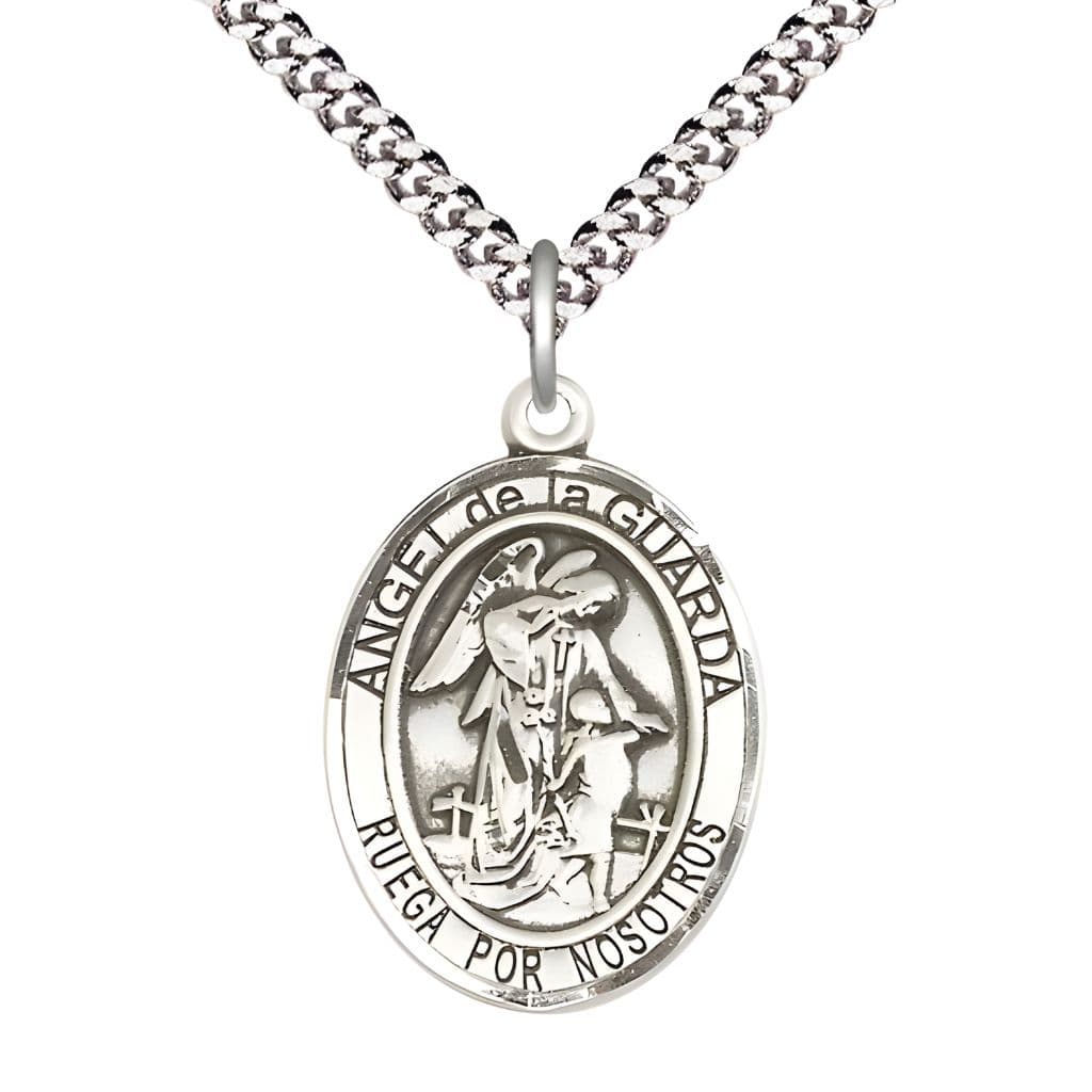 Bliss Spanish Angel de la Guarda Sterling Silver Oval Medal Pendant with Rhodium-plated Chain, Measures 1-inch tall by 3/4-inch wide. Deluxe Gift Box.