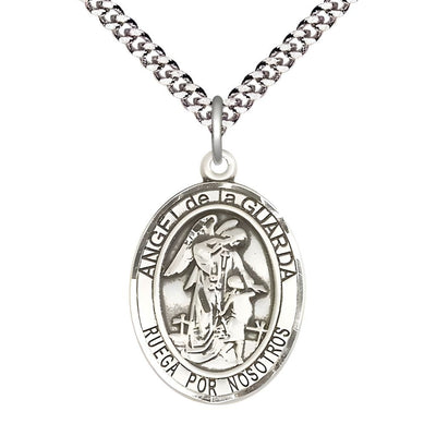 Spanish Angel de la Guarda Sterling Silver Oval Medal Pendant with Rhodium-plated Chain, Measures 1-inch tall by 3/4-inch wide. Deluxe Gift Box, Bliss Manufacturing