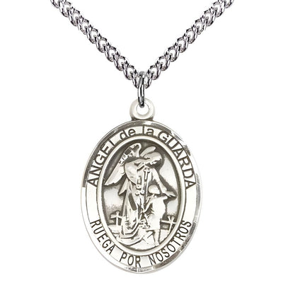 Spanish Angel de la Guarda Sterling Silver Oval Medal Pendant with Sterling Chain, Measures 1-inch tall by 3/4-inch wide. Deluxe Gift Box, Bliss Manufacturing