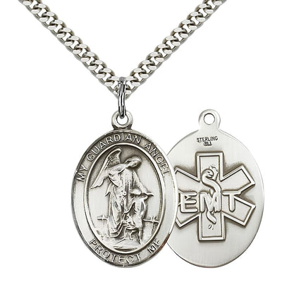 EMT Guardian Angel Sterling Silver Oval Medal Pendant with Rhodium-plated Chain, Measures 1-inch tall by 3/4-inch wide. Deluxe Gift Box, Bliss Manufacturing