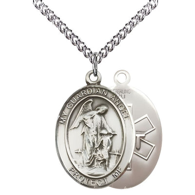 EMT Guardian Angel Sterling Silver Oval Medal Pendant with Sterling Silver Chain, Measures 1-inch tall by 3/4-inch wide. Deluxe Gift Box, Bliss Manufacturing