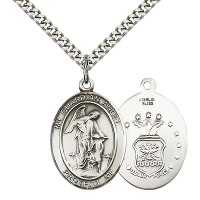 Air Force Guardian Angel Sterling Silver Oval Medal Pendant with Rhodium-plated Chain, Measures 1-inch tall by 3/4-inch wide. Deluxe Gift Box, Bliss Manufacturing
