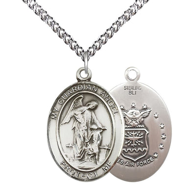 Air Force Guardian Angel Sterling Silver Oval Medal Pendant with Sterling Chain, Measures 1-inch tall by 3/4-inch wide. Deluxe Gift Box, Bliss Manufacturing