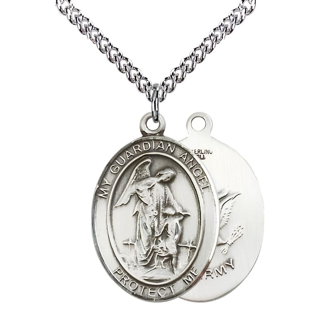 Bliss Army Guardian Angel Sterling Silver Oval Medal Pendant with Sterling Silver Chain, Measures 1-inch tall by 3/4-inch wide. Deluxe Gift Box.