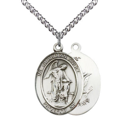 Army Guardian Angel Sterling Silver Oval Medal Pendant with Sterling Silver Chain, Measures 1-inch tall by 3/4-inch wide. Deluxe Gift Box, Bliss Manufacturing