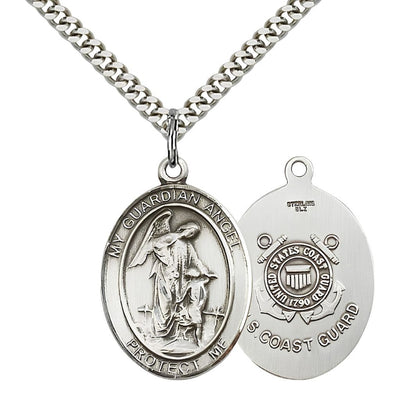 Coast Guard Guardian Angel Sterling Silver Oval Medal Pendant with Rhodium-plated Chain, Measures 1-inch tall by 3/4-inch wide. Deluxe Gift Box, Bliss Manufacturing