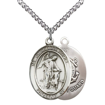 Coast Guard Guardian Angel Sterling Silver Oval Medal Pendant with Sterling Silver Chain, Measures 1-inch tall by 3/4-inch wide. Deluxe Gift Box, Bliss Manufacturing