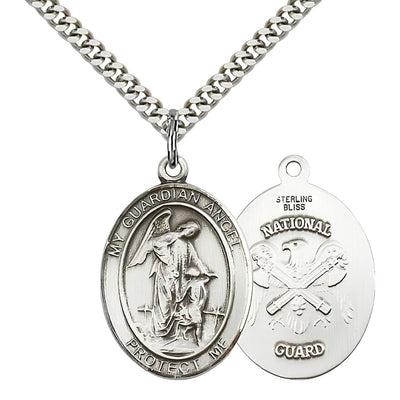 National Guard Guardian Angel Sterling Silver Oval Medal Pendant with Rhodium-plated Chain, Measures 1-inch tall by 3/4-inch wide. Deluxe Gift Box, Bliss Manufacturing