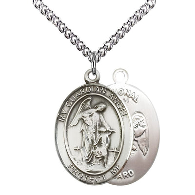 National Guard Guardian Angel Sterling Silver Oval Medal Pendant with Sterling Silver Chain, Measures 1-inch tall by 3/4-inch wide. Deluxe Gift Box, Bliss Manufacturing