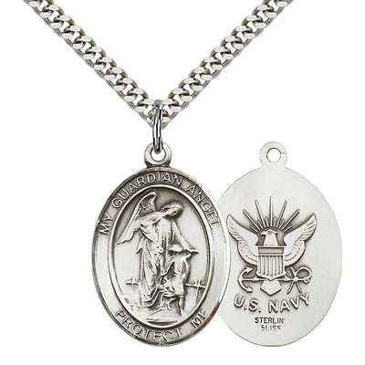 Navy Guardian Angel Sterling Silver Oval Medal Pendant with Rhodium-plated Chain, Measures 1-inch tall by 3/4-inch wide. Deluxe Gift Box, Bliss Manufacturing