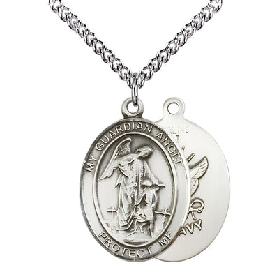 Navy Guardian Angel Sterling Silver Oval Medal Pendant with Sterling Chain, Measures 1-inch tall by 3/4-inch wide. Deluxe Gift Box, Bliss Manufacturing