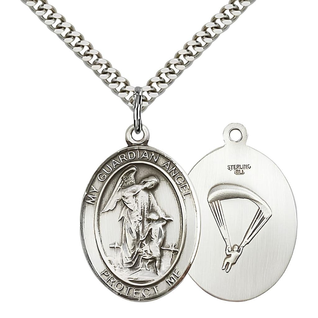Bliss Paratrooper Guardian Angel Sterling Silver Oval Medal Pendant with Rhodium-plated Chain, Measures 1-inch tall by 3/4-inch wide. Deluxe Gift Box.