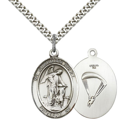 Paratrooper Guardian Angel Sterling Silver Oval Medal Pendant with Rhodium-plated Chain, Measures 1-inch tall by 3/4-inch wide. Deluxe Gift Box, Bliss Manufacturing