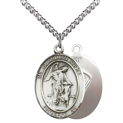 Paratrooper Guardian Angel Sterling Silver Oval Medal Pendant with Sterling Silver Chain, Measures 1-inch tall by 3/4-inch wide. Deluxe Gift Box, Bliss Manufacturing