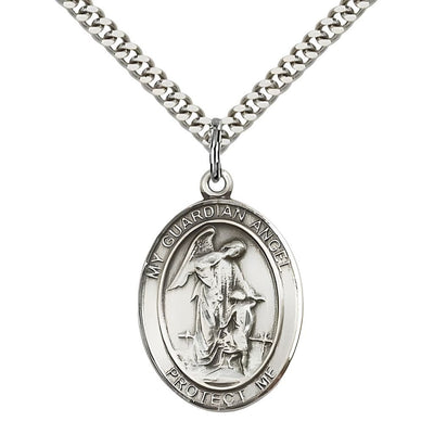 Guardian Angel with Child Sterling Silver Oval Medal Pendant with Rhodium-plated Chain, Measures 1-inch tall by 3/4-inch wide. Deluxe Gift Box, Bliss Manufacturing