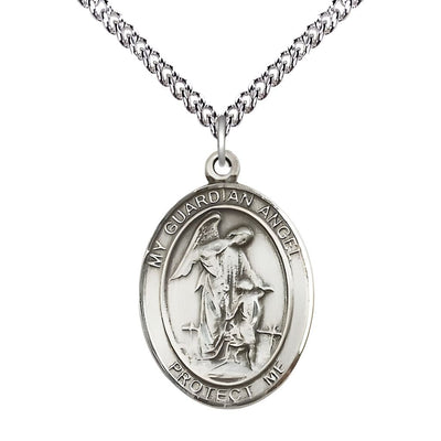 Guardian Angel with Child Sterling Silver Oval Medal Pendant with Sterling Chain, Measures 1-inch tall by 3/4-inch wide. Deluxe Gift Box, Bliss Manufacturing