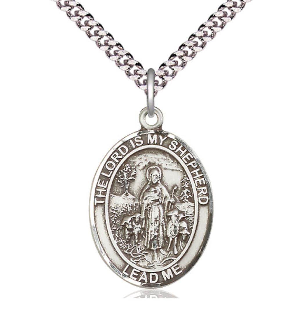 Bliss Lord Is My Shepherd Pewter Oval Large Engravable Medal Necklace with Chain,