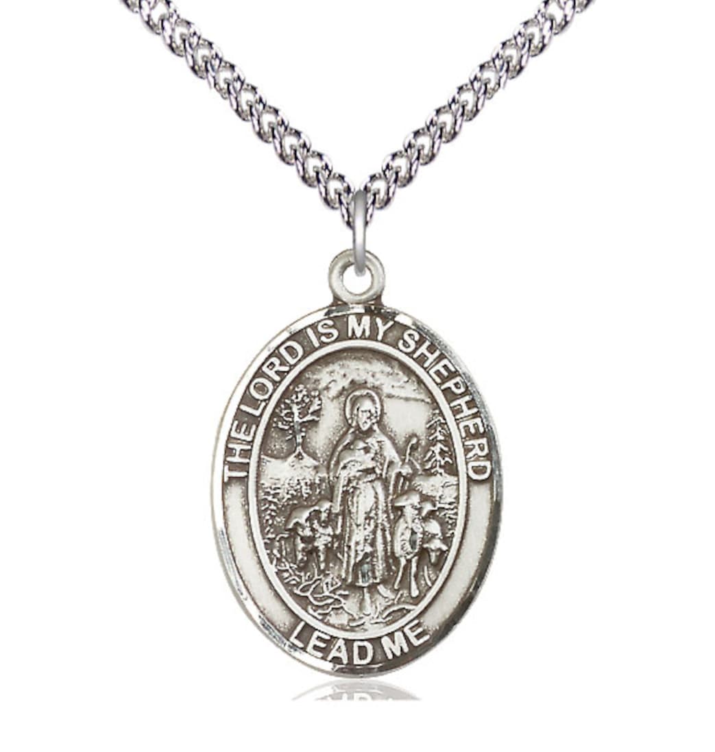 Bliss Lord Is My Shepherd Sterling Silver Large Oval Medal Necklace with Sterling Chain,